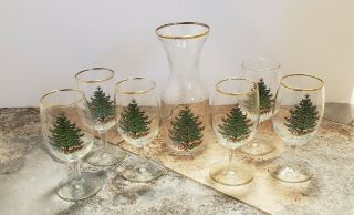 Cuthbertson " Christmas Tree " Wine Or Juice Carafe & Six 8 Oz Glasses