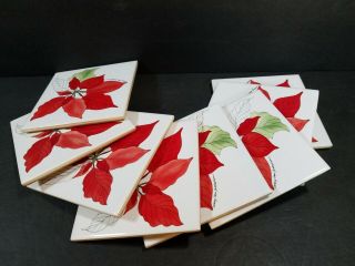1982 Watercolors Block Spal Poinsettia Set Of 8 Ceramic Coasters Portugal