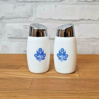 Vintage Blue Cornflower Salt & Pepper Shakers Blue White Silver Lid Milk Glass