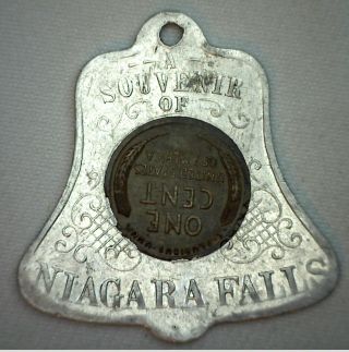 1919 Lincoln Wheat Penny Encased Good Luck Niagara Falls Souvenir Bell Shape 1c