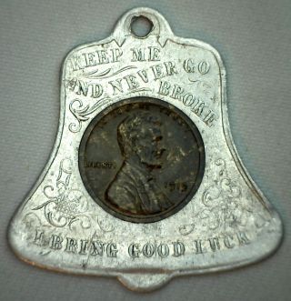 1919 Lincoln Wheat Penny Encased Good Luck Niagara Falls Souvenir Bell Shape 1c 2