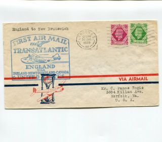 Great Britain 1939 Trans Atlantic Cachet First Air Mail Newfoundland Canada Usa