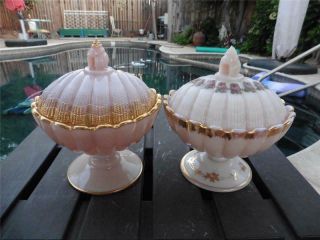 2 Cambridge Glass Crown Tuscan Coral Seashell Footed Candy Dish W/lid