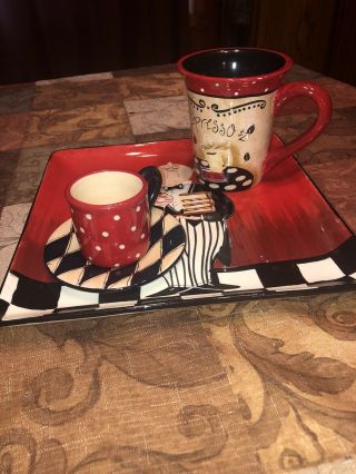 Certified International Lori Coffee Square Plate Platter 10.  75 " With Mugs/saycer