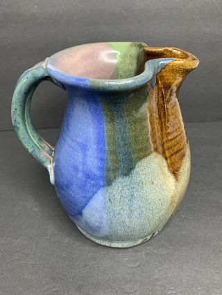 Vtg Hand Thrown Stoneware Milk Drink Pitcher Farmhouse Multi - Color Signed 8 "
