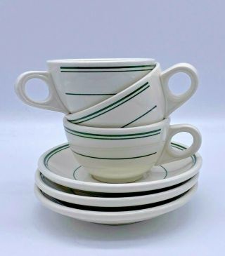 Vintage Homer Laughlin Green Striped Restaurant Ware Tea Cups & Saucers Set Of 3