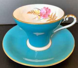 Turquoise Blue Aynsley Corset Shaped Tea Cup And Saucer Set With Pink Carnation
