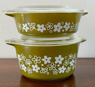 2 Vintage Pyrex Spring Blossom Green Casserole Dishes 471,  473 Both With Lids