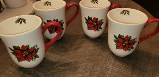Set Of 4 Better Homes And Gardens Christmas Poinsettia Mugs/cups -