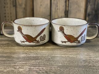 Vintage Otagiri Japan Soup Mugs Roadrunners Cactus Speckled Stoneware Set Of 2