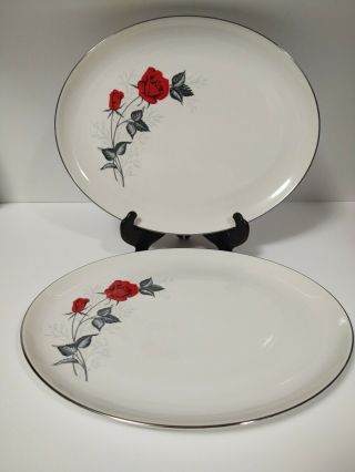 Vintage Holiday Heirloom Fine China Rose 1950s 13 " Oval Platters Silver Trim (2)