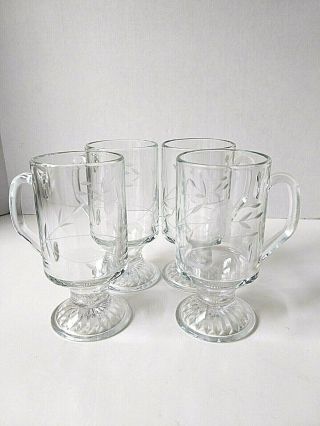 Princess House Heritage Clear Glass Irish Coffee Footed Mug 5.  5 " Etched Set Of 4
