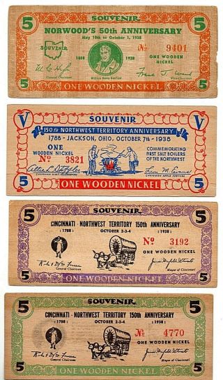 (4) Ohio 1938 Norwood Jackson Cincinnati Souvenir Flat Wooden Nickels Bv $21