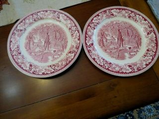 2 Currier And Ives Red & White Home Sweet Home Homer Laughlin Dinner Plates