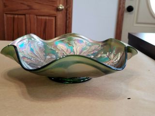 Fenton Carnival Glass Green Thistle Bowl Awesome Color 3