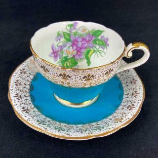 Vintage Aynsley England Violets And Gold Fleur De Lis Filigree Cup And Saucer