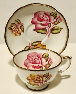 Roslyn England Large Pink Floating Cabbage Rose Heavy Gold Cup & Saucer England