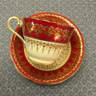 Vintage Aynsley England Bone China Tea Cup & Saucer,  Burgundy & Gold