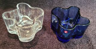 2 Iittala Finland Clear Blue Glass Form Small Bowls Dishes Tea Lights