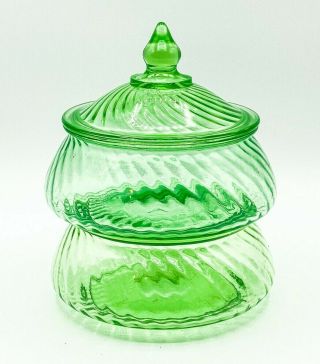 Vintage Imperial Glass Twisted Optic Candy Dish Green Uranium Glass With Lid