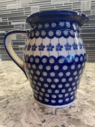 Boleslawiec Polish Pottery Blue & White Flowers Peacock Handmade 6.  5” Pitcher
