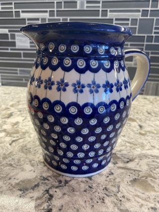 Boleslawiec Polish Pottery Blue & White Flowers Peacock Handmade 6.  5” Pitcher 3