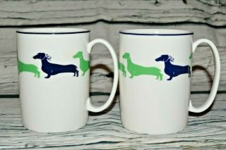 Two Kate Spade York Lenox Wickford Dachshund 10oz Mug Coffee Cup Green Blue