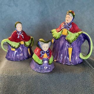 Vintage Little Old Lady Porcelain Teapot Creamer Sugar Bowl Made In England