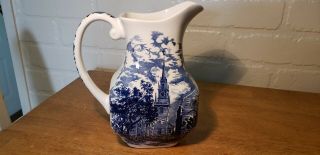 Vintage Staffordshire Liberty Blue Water Pitcher Colonial Scene.