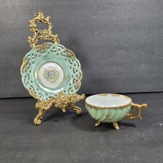 Vintage 3 Footed Tea Cup And Reticulated Saucer Floral Luster Green Gold Japan
