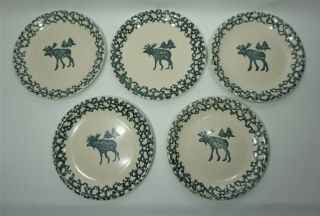 Tienshan Folk Craft Moose Country Set Of 5 Dinner Plates 10.  5 " Spongeware Green