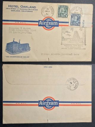 1932 Varney Airgram Canada First Flight Cover Montreal Lake Hotel Oakland Ad