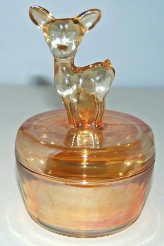 Vtg Jeanette Marigold Carnival Glass Deer Fawn Lid Covered Candy Dish Powder Jar