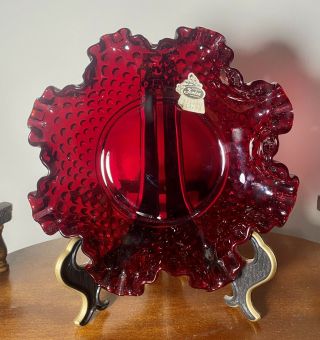 Vintage Fenton Ruby Red Ruffle Edge Hobnail Candy Dish Bowl Sticker 8”