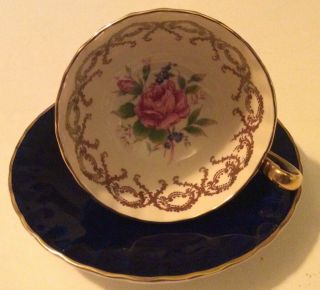 Vintage Aynsley Bone China Cobalt Blue,  Gold.  And Pink Rose Tea Cup And Saucer