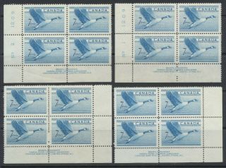 1952 Canada 320 Canada Goose 7c Mnh 4 Plate Blocks 1 & 2 (1209) Ll & Lr