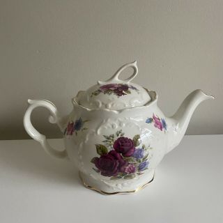 Crown Dorset Floral Teapot Staffordshire England Purple Pink Roses Gold Trim