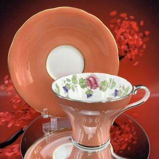 Aynsley Pink Roses Orange Teacup & Saucer Bone China England Tea Cup Bx8