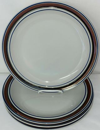4 Salem Stoneware Georgetown Brown & Blue Bands 10 1/4 " Dinner Plates