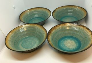 Fitz And Floyd Gourmet Palisades Turquoise 4 Soup/salad/cereal Bowls