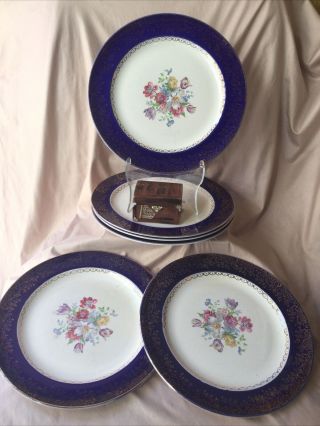6 Pc Set Vintage French Saxon 22k Gold Cobalt Blue Floral China Dinner Plates