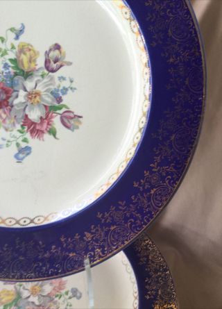 6 Pc Set Vintage French Saxon 22k Gold Cobalt Blue Floral China Dinner Plates 3
