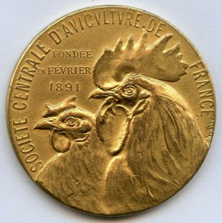 France Poultry Society Award Gilded Bronze Art Medal By Dropsy 37mm 23gr