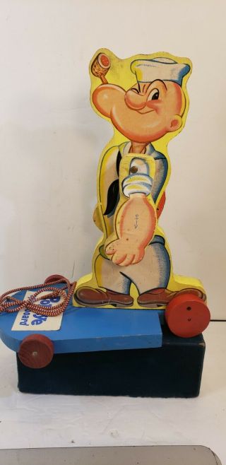 Vintage Popeye The Sailor Man Wood Pull Toy Popeye Speedboard