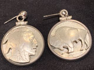 Vintage Estate Silver Nickel Buffalo Carved Coin Art Earrings 5 Cent
