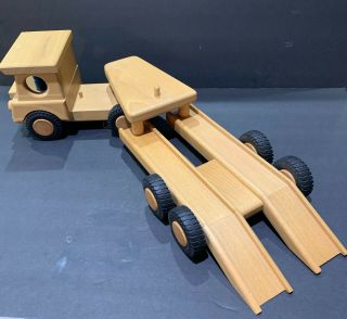 Solid Wood Kinderkram Toy Car and Truck Transporter Tractor Trailer 3