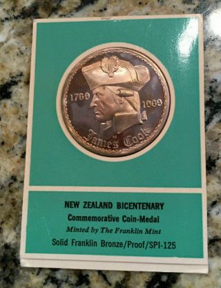Zealand Bronze Proof Medal James Cook 1769 1969 H.  M.  Bark Endeavour Coin