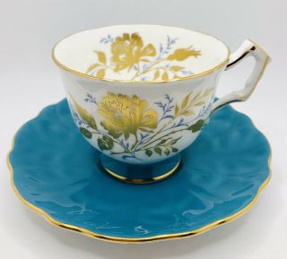 Vintage Aynsley England Crocus Tea Cup & Saucer Set Turquoise Blue Gold Rose