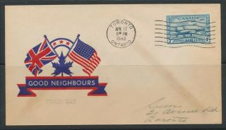1943 Canada Fdc C8 (7c) Ww2 Canadian Air Force Cadets Union Jack Neighbours