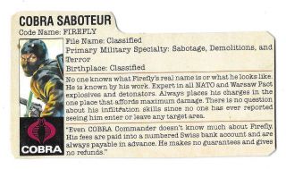 1984 Cobra Firefly V.  1 File Card Peach Filecard Bio Gi Joe Jtc